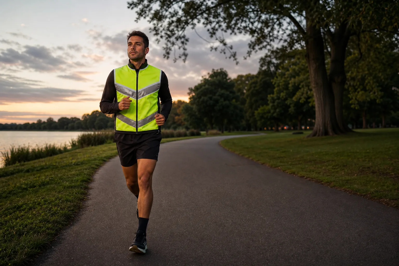 Iemand die in de avond hardloopt door een rustige straat