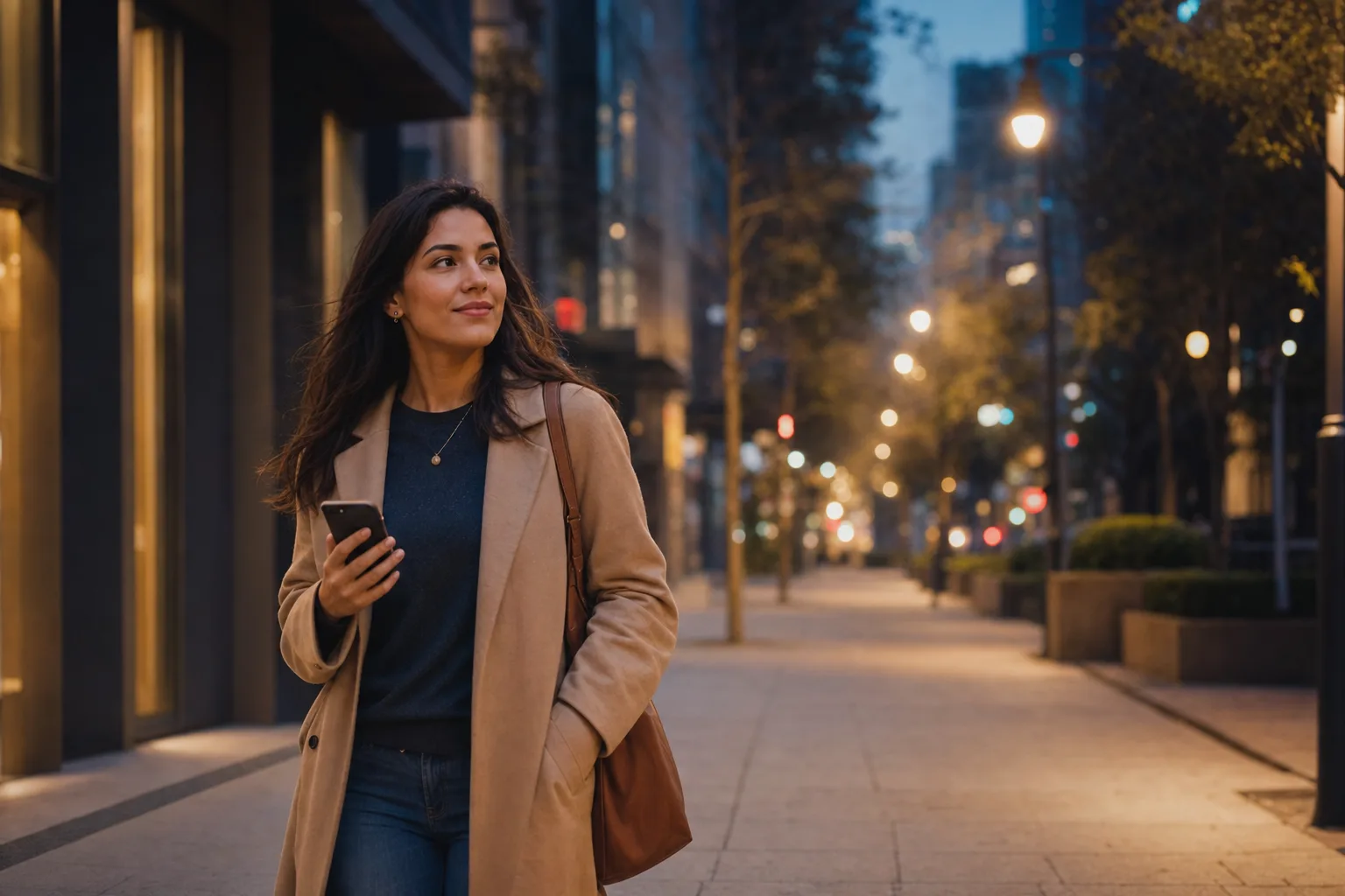 Vrouw loopt 's avonds veilig naar huis op een verlichte straat met haar telefoon in de hand